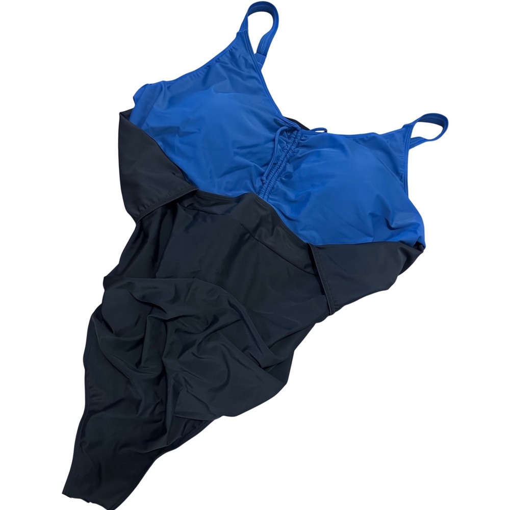 BloomChic Blue Black Colorblock Ruched One Piece Swimsuit Tie Waist Size 30  NWT